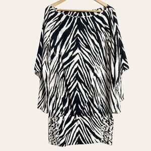 Barron Duquette Carina Black White Zebra Print Silk Tunic Top Size 10 NWT